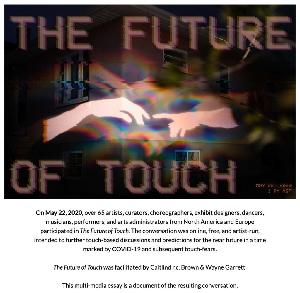 Poster for the online event The Future of Touch. The top image of a projection on a facade of the title with two hands reaching toward each other.