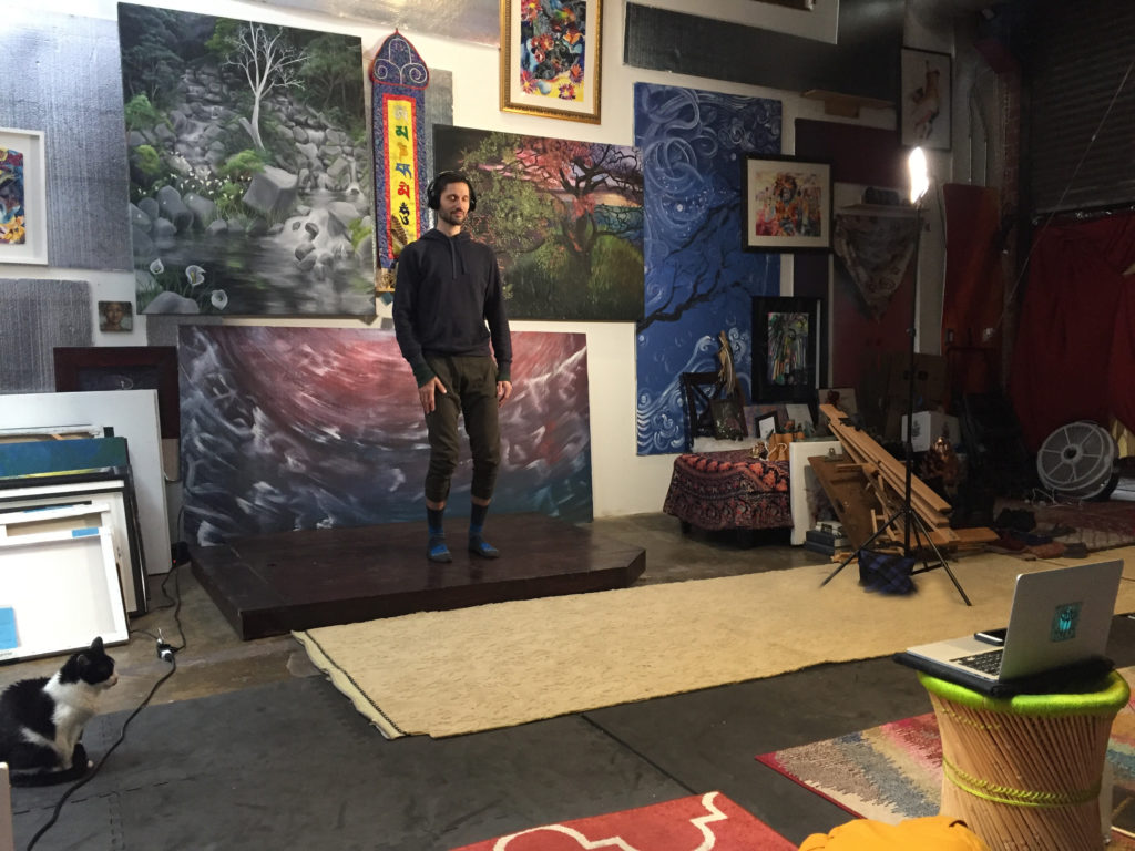 Jeremy Hahn beginning class with a breath centering practice during a modern dance class.  This was their first day of remote teaching in March of 2020 at his home studio within the Brewery Artist Lofts. 