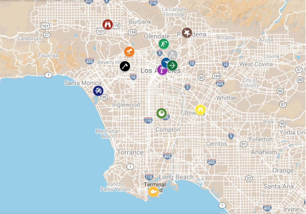 A small-scale map of the Los Angeles area with a rage spanning La Canada to the North, Calabasas to the West, Long Beach to the South, and Yorba Linda to the East. Dotting the map are thirteen small icons, each a different color and containing a symbol alluding to outdoor recreational activities. These are where I led tours in 2020-2021.