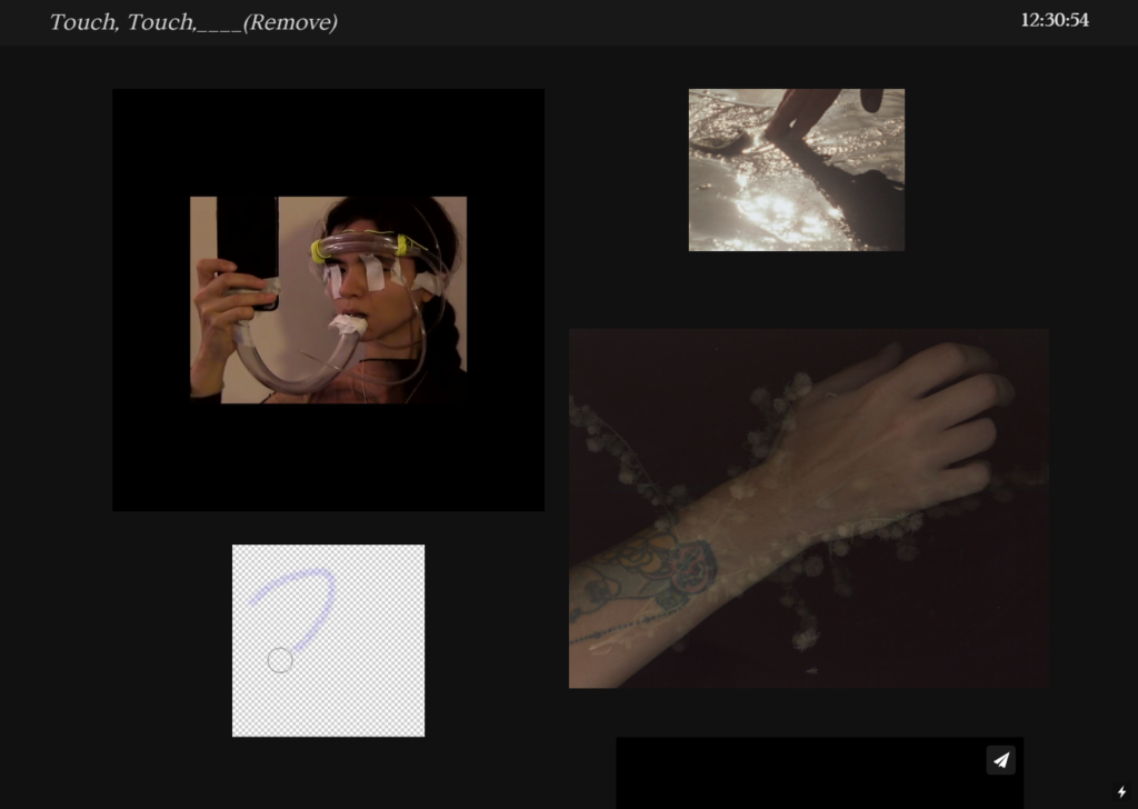 A collage of images, 1. A woman breathing into a strange device, 2. hands touching sand at the beach, 3. outline of a circle flows on a square that shows white and grey pixels, 4. A tattooed arm