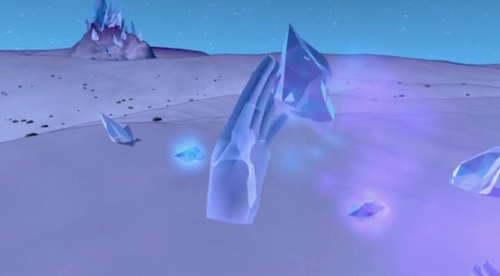 An image containing a digital environment comprising a blue sky and lavender landscape with glowing crystals sticking out from the surface. A disembodied hand reaches for one of the stones at the center of the image.
