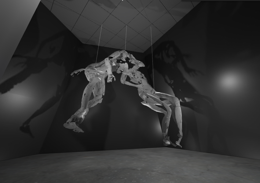 An image of a digital environment awash in grey containing two human-like avatars hanging from the ceiling. High-key lighting casts shadows of their bodies on the wall.