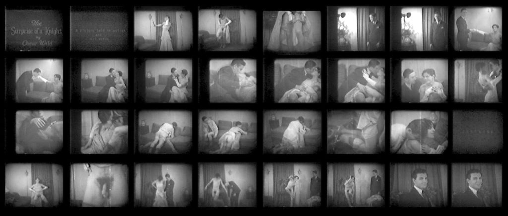 A grid of black and white film stills of people having sex and showing their bodies