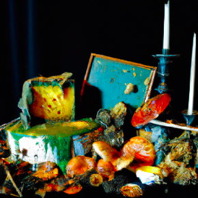 An image resembling a Dutch still life painting with bright moldy objects arranged against a dark background and two large candlesticks on the right edge of the frame.