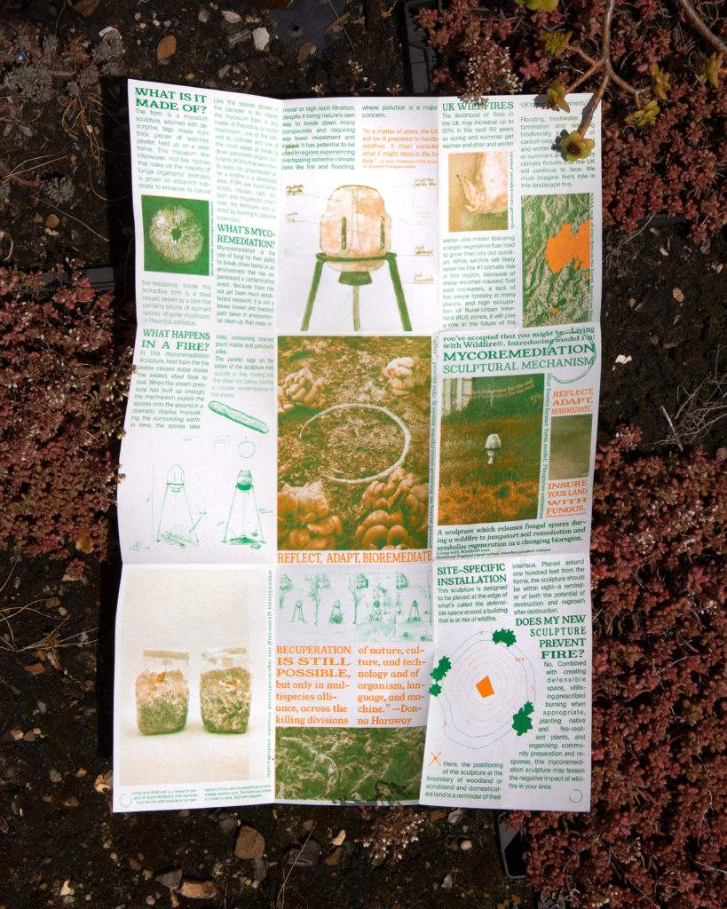 An orange and green risograph-printed leaflet (which describes the use and context of the sculpture and shows drawings and photos) that accompanies the sculpture. It’s shown against a backdrop of dark soil and red ground-cover succulents.