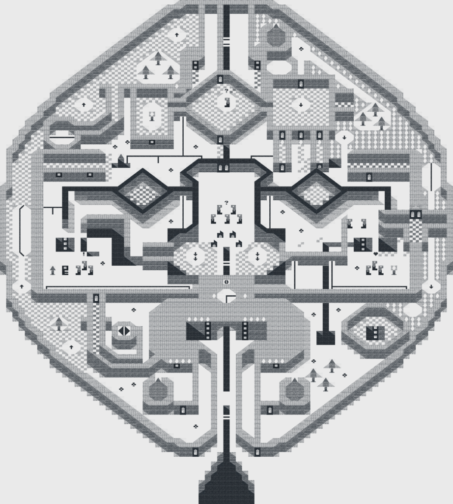 A digital drawing of a landscape in an imaginary videogame by the author The image appears as complex glyphs, similar to Dwarf Fortress on a grid that could symbolize a layer of elevation in a domed city.