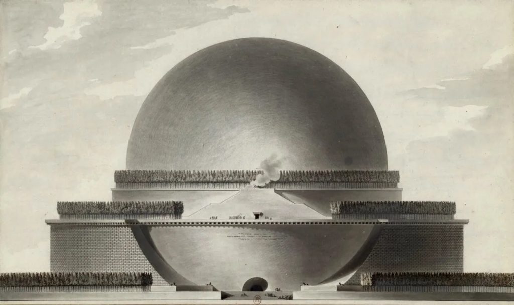 A drawing of Cenotaph to Newton, early visionary architecture by Étienne-Louis Boullée. The Cenotaph is an enormous stone planetarium as seen from its exterior (Bibliothèque nationale de France.)