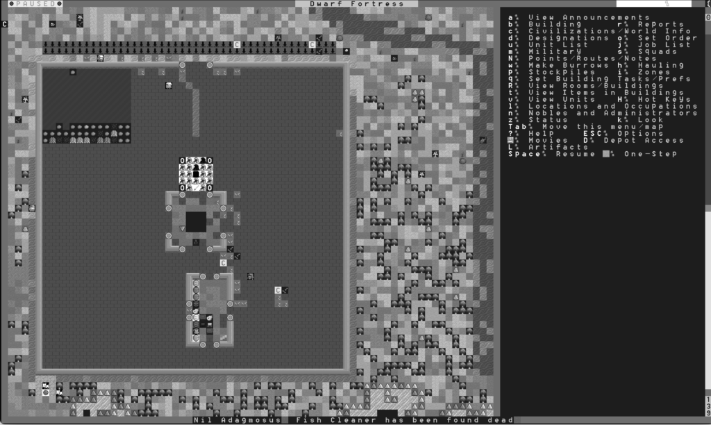Dwarf Fortress (Free Version, Spacefox tileset), An aboveground structure beside a river and forest. A dwarf plans to dig a channel while another moves to clean animal remains from the floor amid scattered crossbow bolts. An indoor tavern area houses barrels of beer and musical instruments. Offscreen, the corpse of a dwarf has been found.