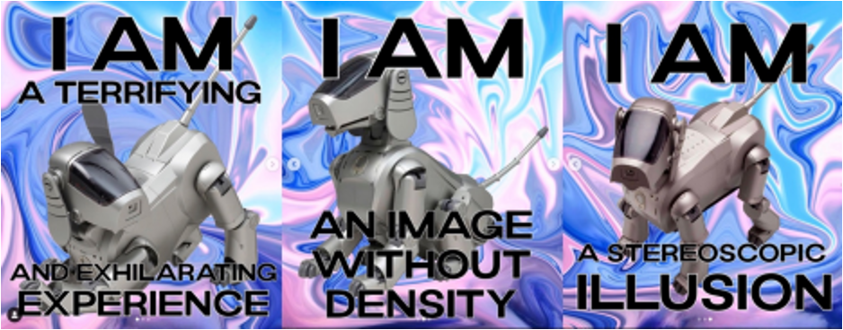 Three sequential images (memes) of robotic dog over colorful background, including phrases from feminist and technological texts.