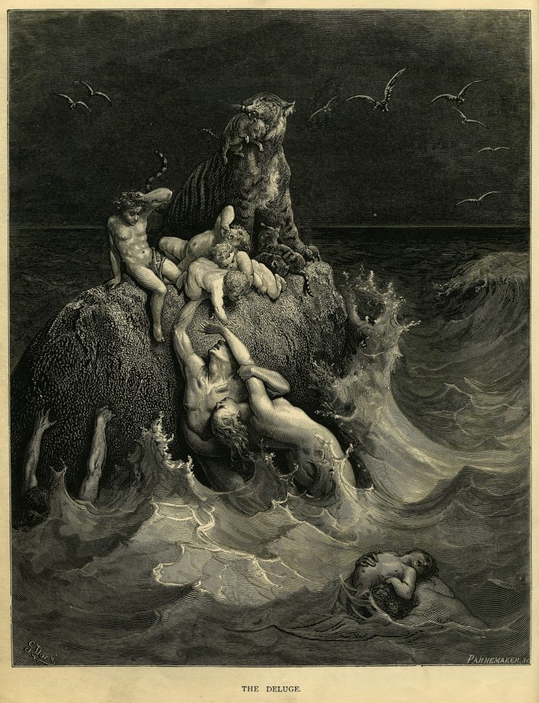 Drawing of several people struggling to climb upon a rock, with flood waters closing in around them. 4 children sit on the rock next to a tiger, with its babies underneath. Sea gulls hover in the darkened background.