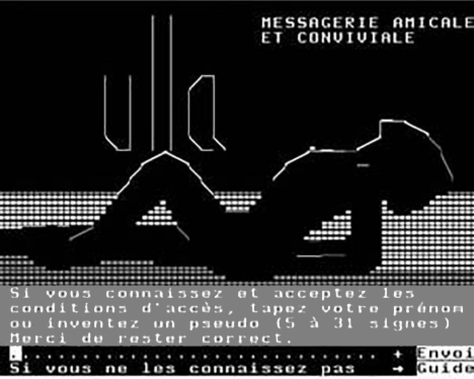 Black and white image of a woman's profile as in tanning naked, drawn electronically on a Minitel screen. The ad reads "Ulla", referring to one of Minitel's sex chat rooms.