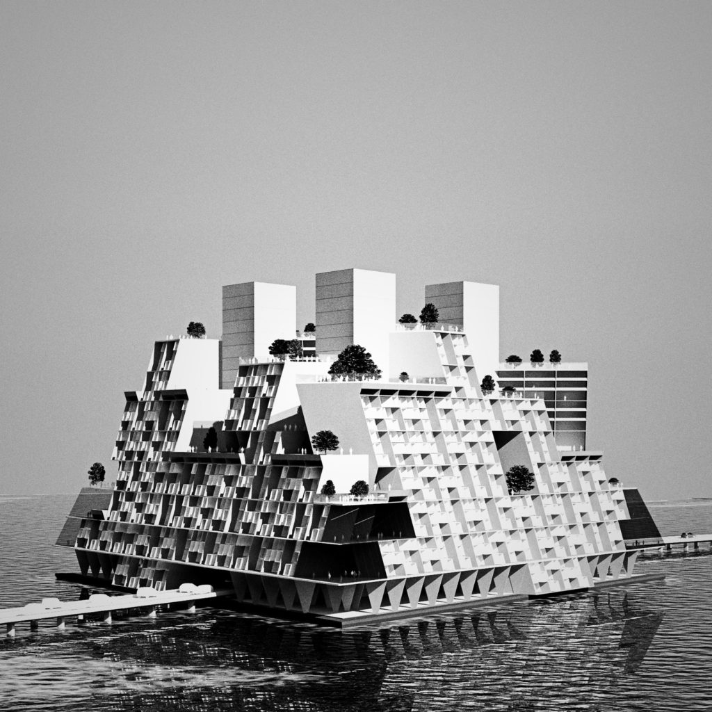 A massive geometric building/city structure floating on the water
